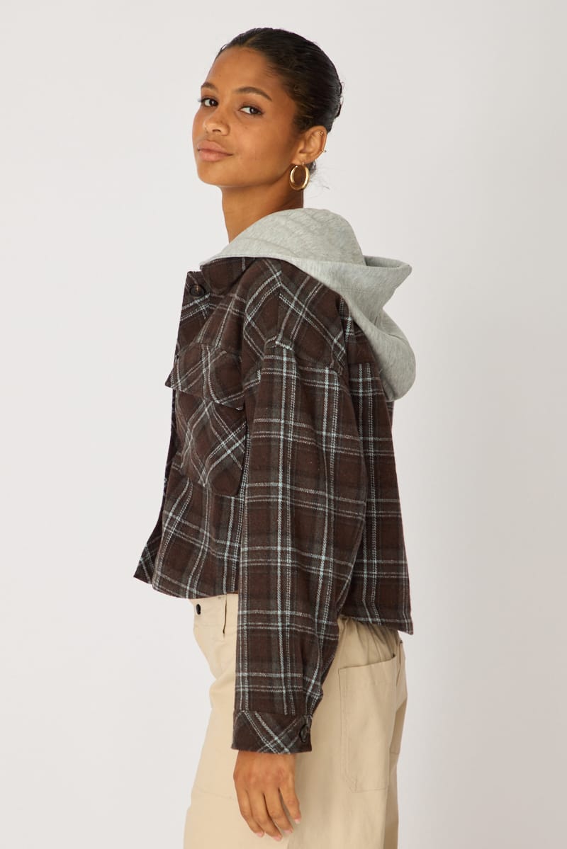 Brown Check Cropped Long Sleeve Shacket for Ally Fashion