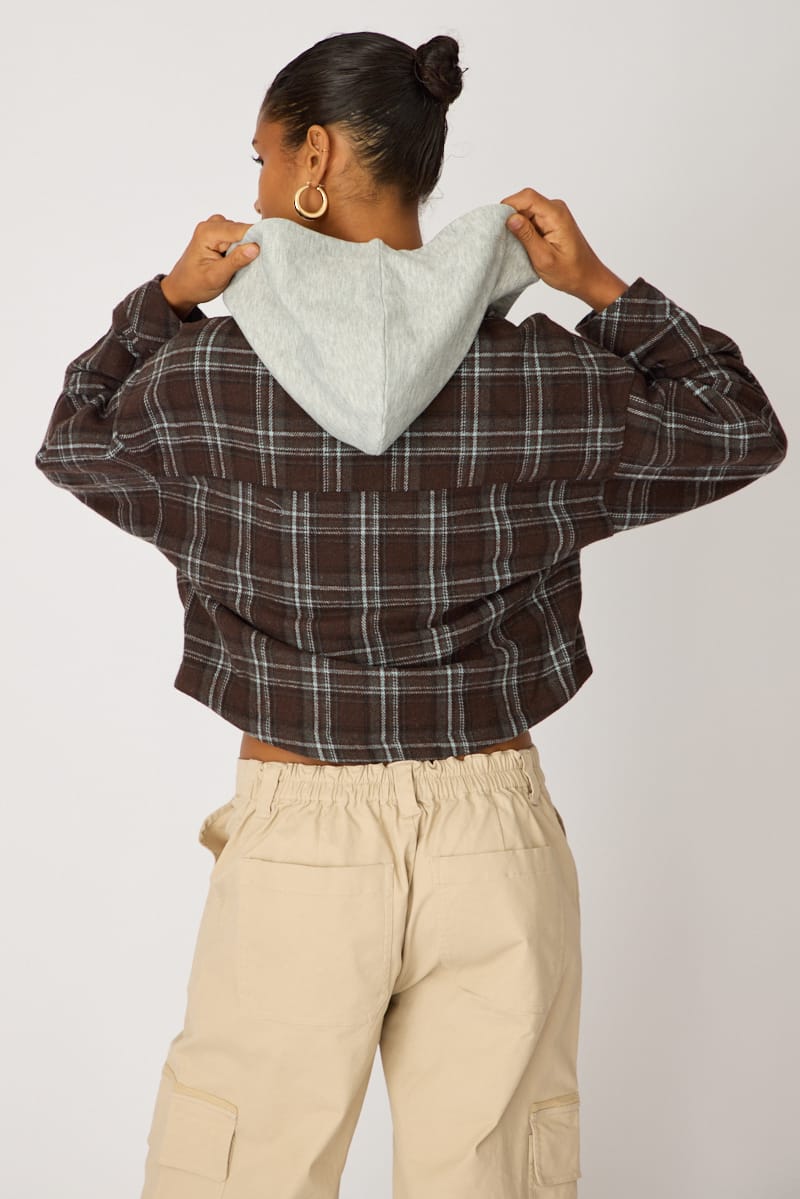 Brown Check Cropped Long Sleeve Shacket for Ally Fashion