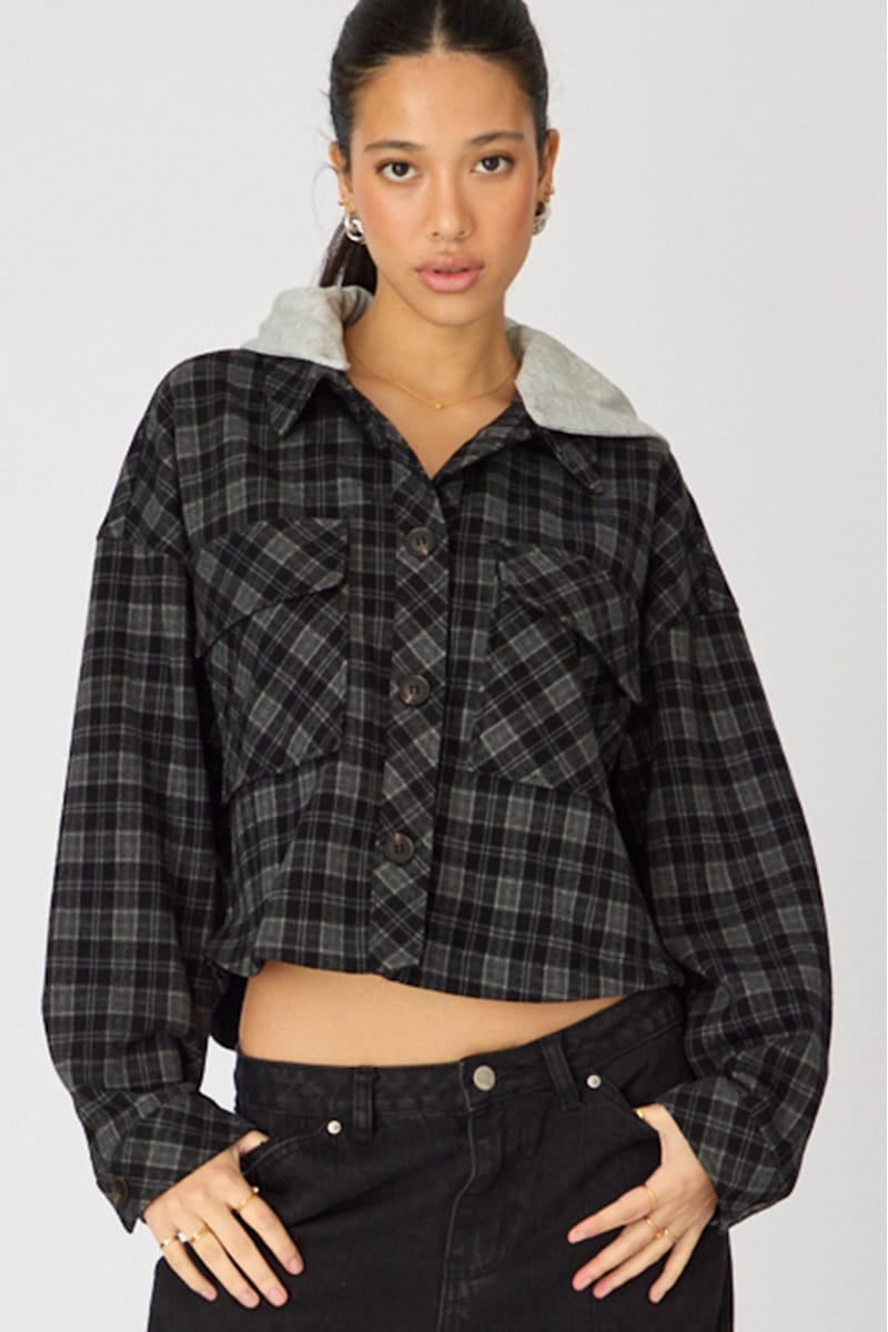 Black Check Cropped Long Sleeve Shacket for Ally Fashion