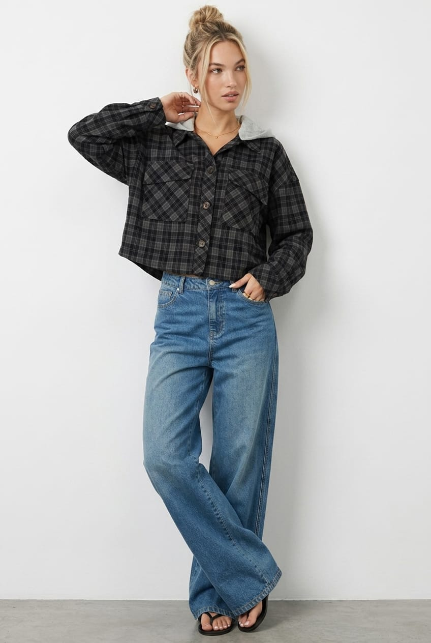 Black Check Cropped Long-Sleeve Shacket from Ally Fashion