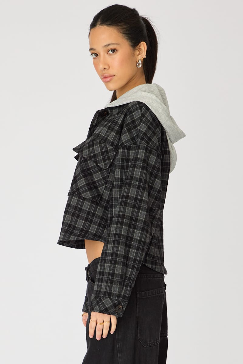 Black Check Cropped Long Sleeve Shacket for Ally Fashion