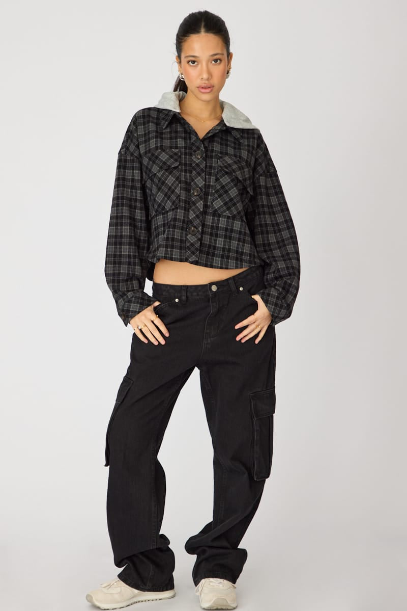 Black Check Cropped Long Sleeve Shacket for Ally Fashion