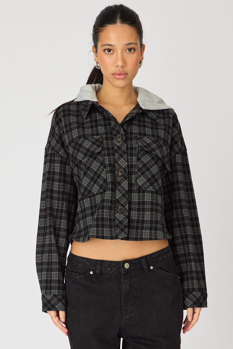 Black Check Cropped Long Sleeve Shacket for Ally Fashion
