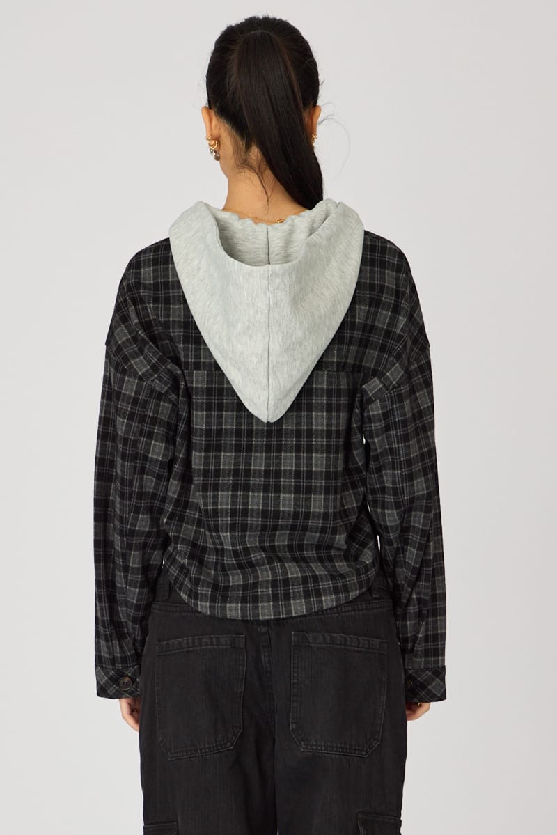 Black Check Cropped Long Sleeve Shacket for Ally Fashion