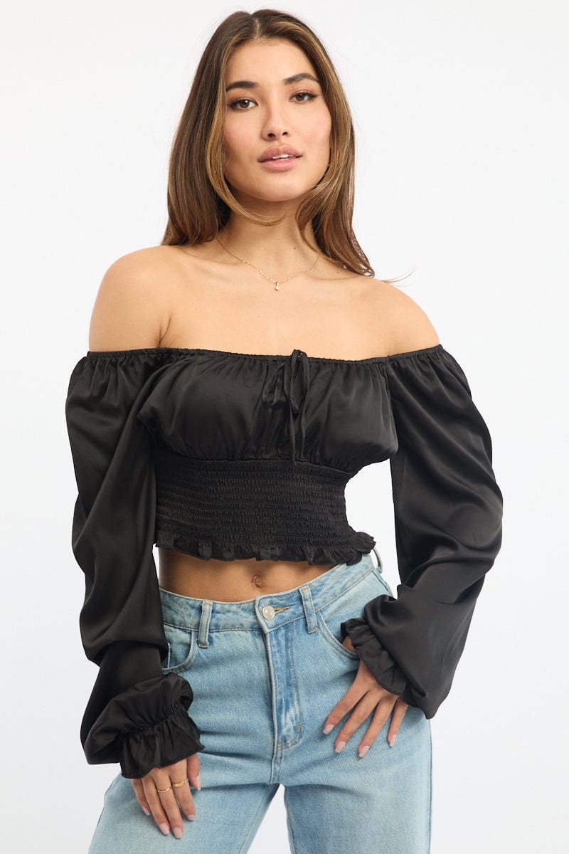Black Shirred Top Long Sleeve Square Neck Satin for Ally Fashion