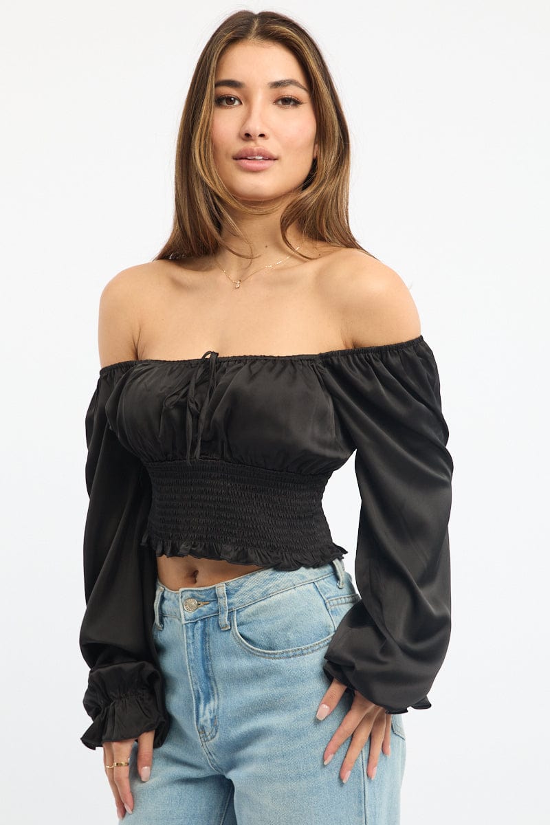 Black Shirred Top Long Sleeve Square Neck Satin for Ally Fashion