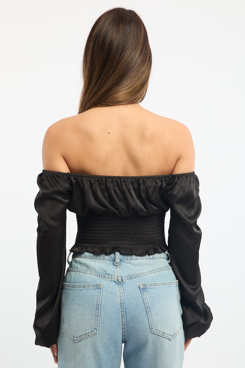 Black Shirred Top Long Sleeve Square Neck Satin for Ally Fashion