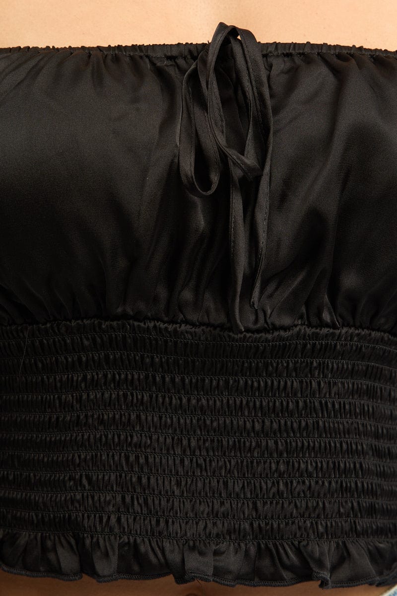 Black Shirred Top Long Sleeve Square Neck Satin for Ally Fashion