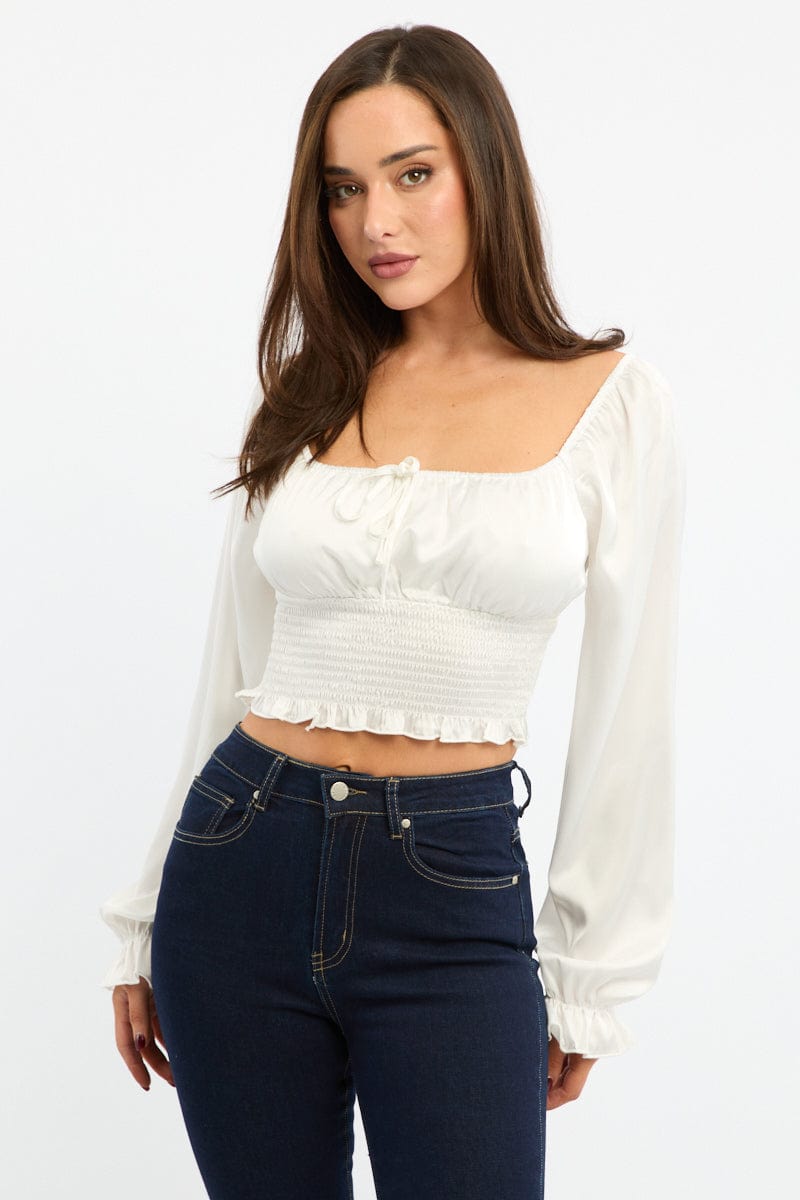 White Shirred Top Long Sleeve Square Neck Satin for Ally Fashion