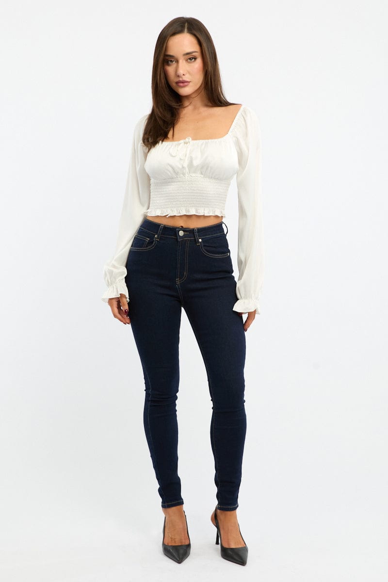 White Shirred Top Long Sleeve Square Neck Satin for Ally Fashion