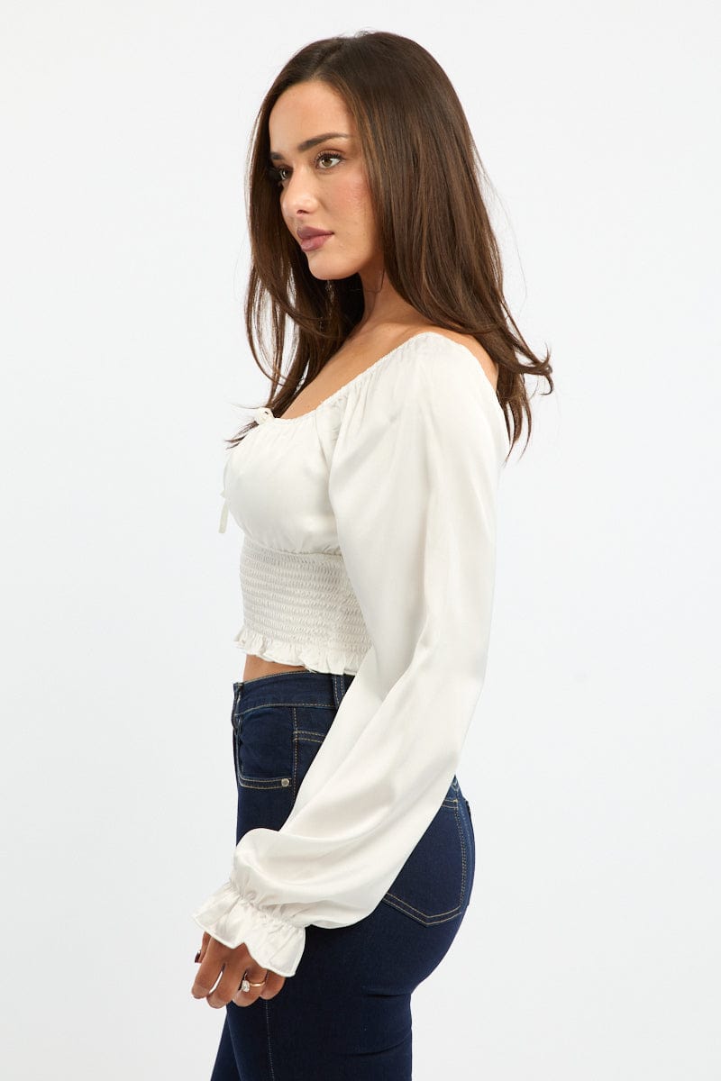 White Shirred Top Long Sleeve Square Neck Satin for Ally Fashion