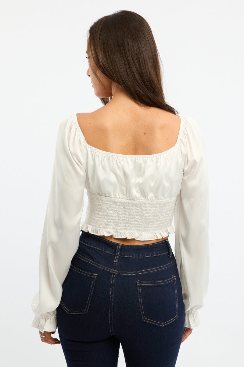 White Shirred Top Long Sleeve Square Neck Satin for Ally Fashion