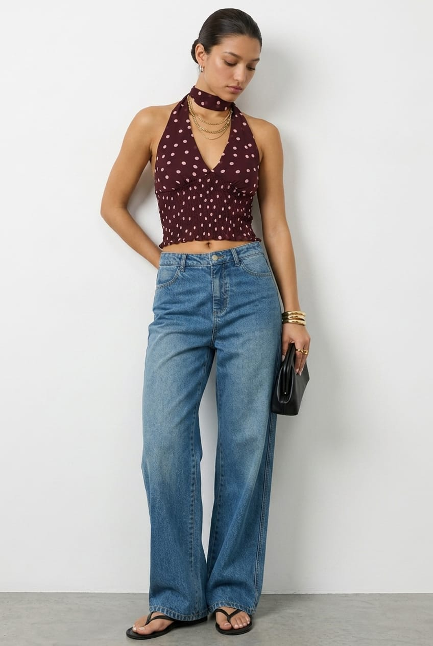 Red Polka Dot Sleeveless Chiffon Halter Top for Ally Fashion