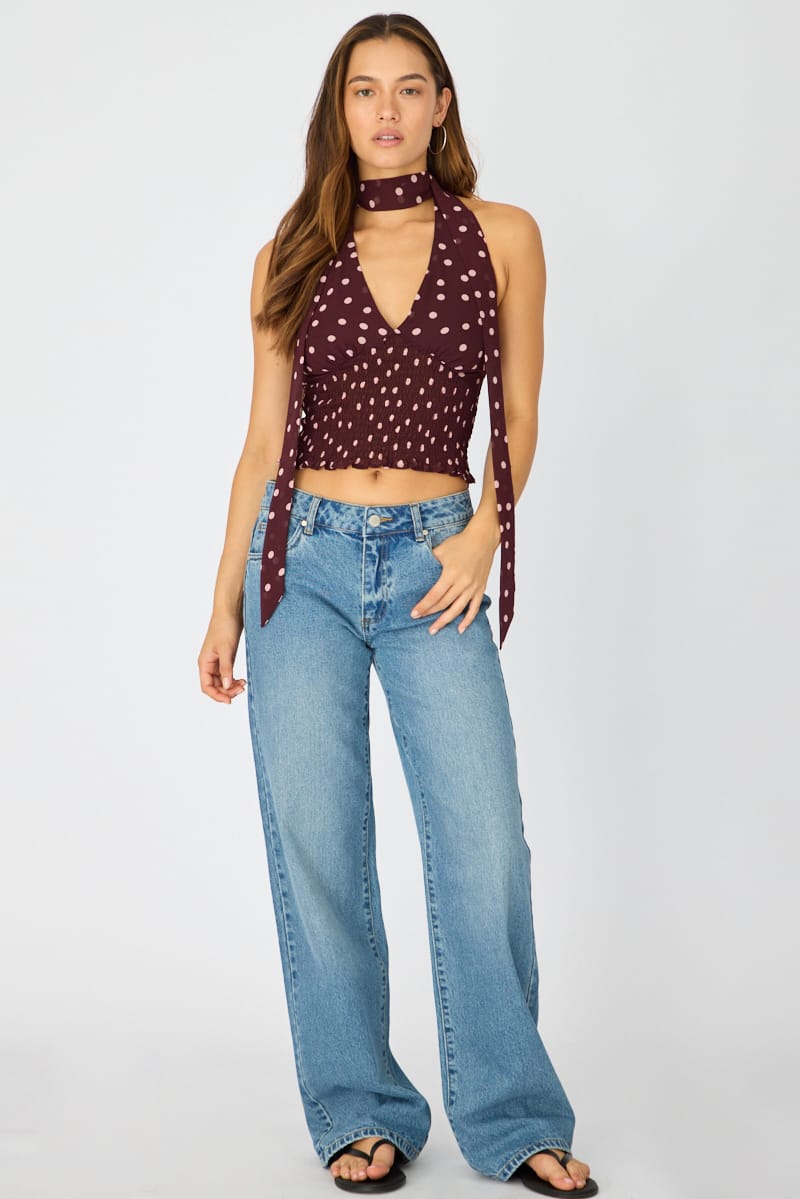 Red Polka Dot Sleeveless Chiffon Halter Top for Ally Fashion
