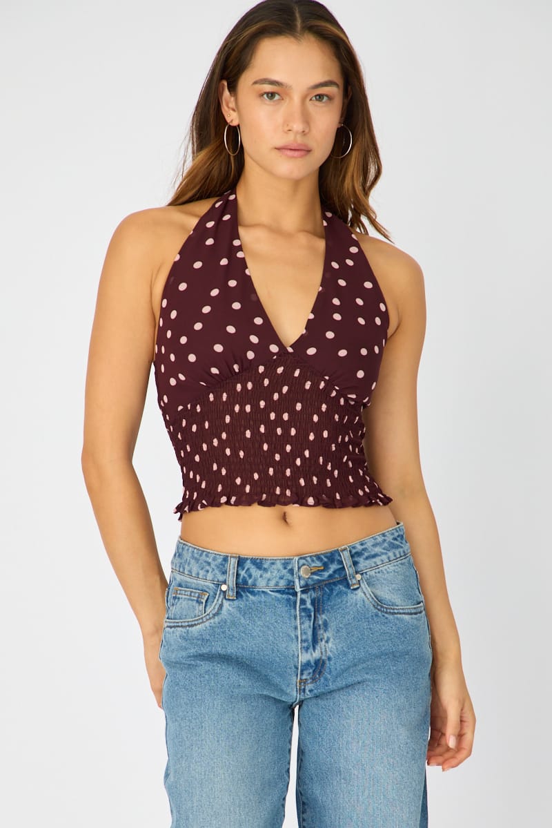 Red Polka Dot Sleeveless Chiffon Halter Top for Ally Fashion