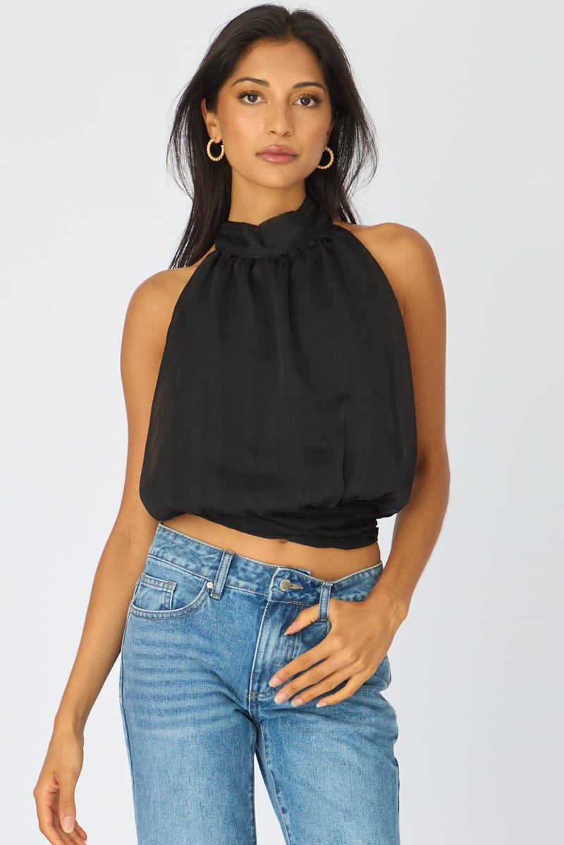 Black Sleeveless High Neck Top for Ally Fashion