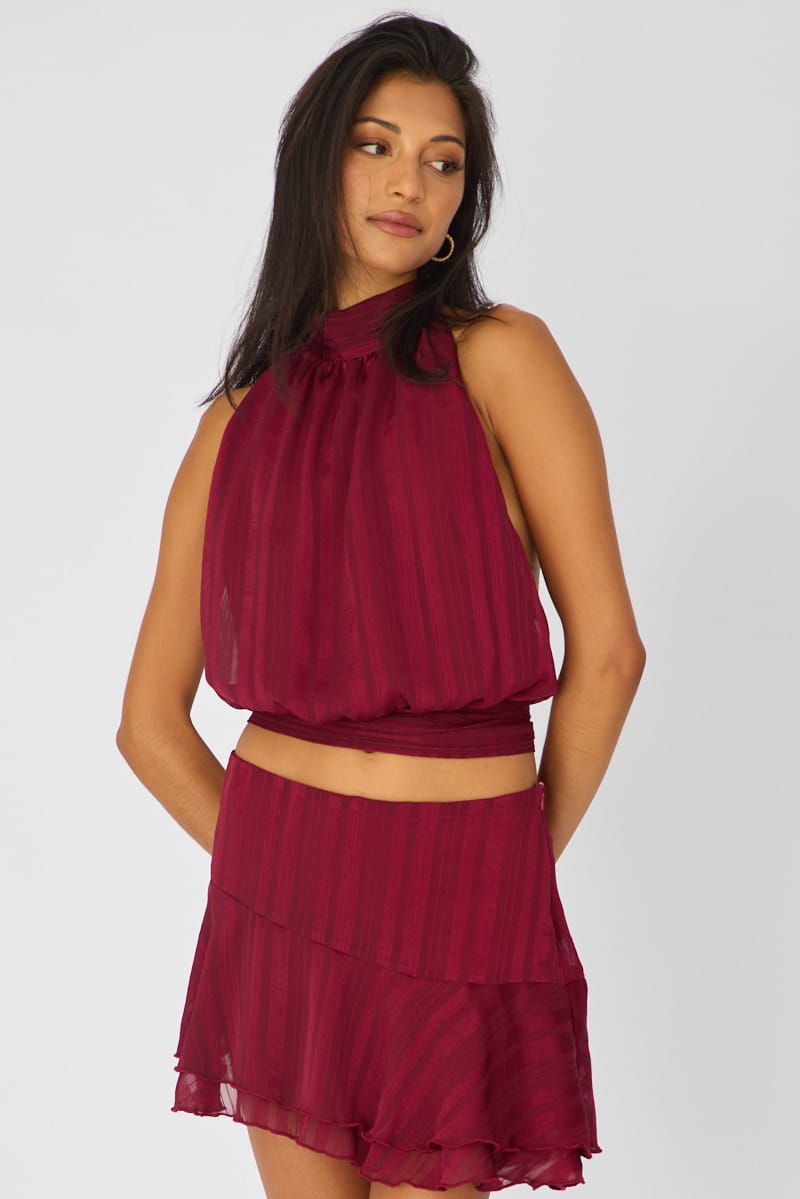 Red Sleeveless High Neck Top for Ally Fashion