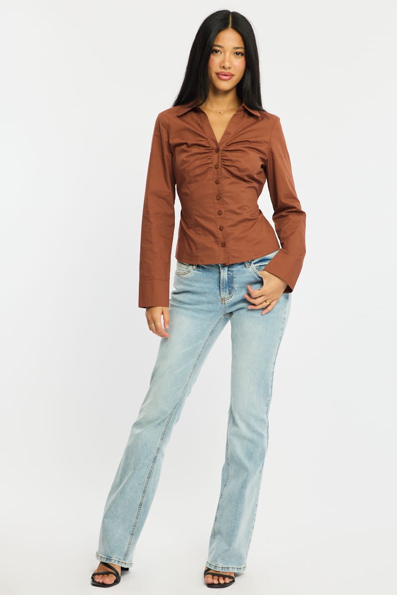 Brown Skinny Fit Long Sleeve Collared Shirt for Ally Fashion