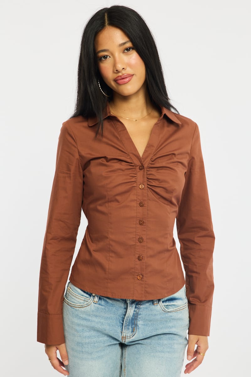 Brown Skinny Fit Long Sleeve Collared Shirt for Ally Fashion