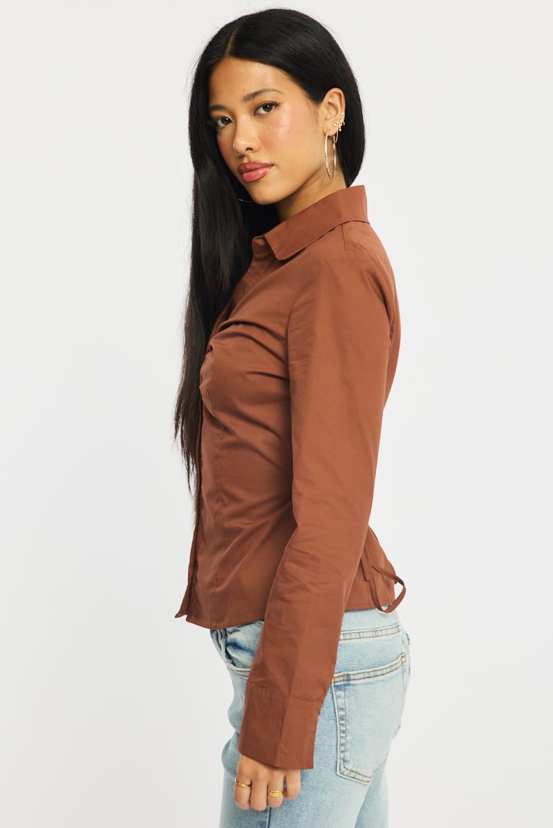 Brown Skinny Fit Long Sleeve Collared Shirt for Ally Fashion