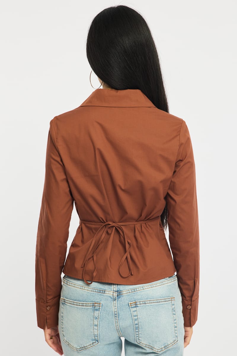 Brown Skinny Fit Long Sleeve Collared Shirt for Ally Fashion