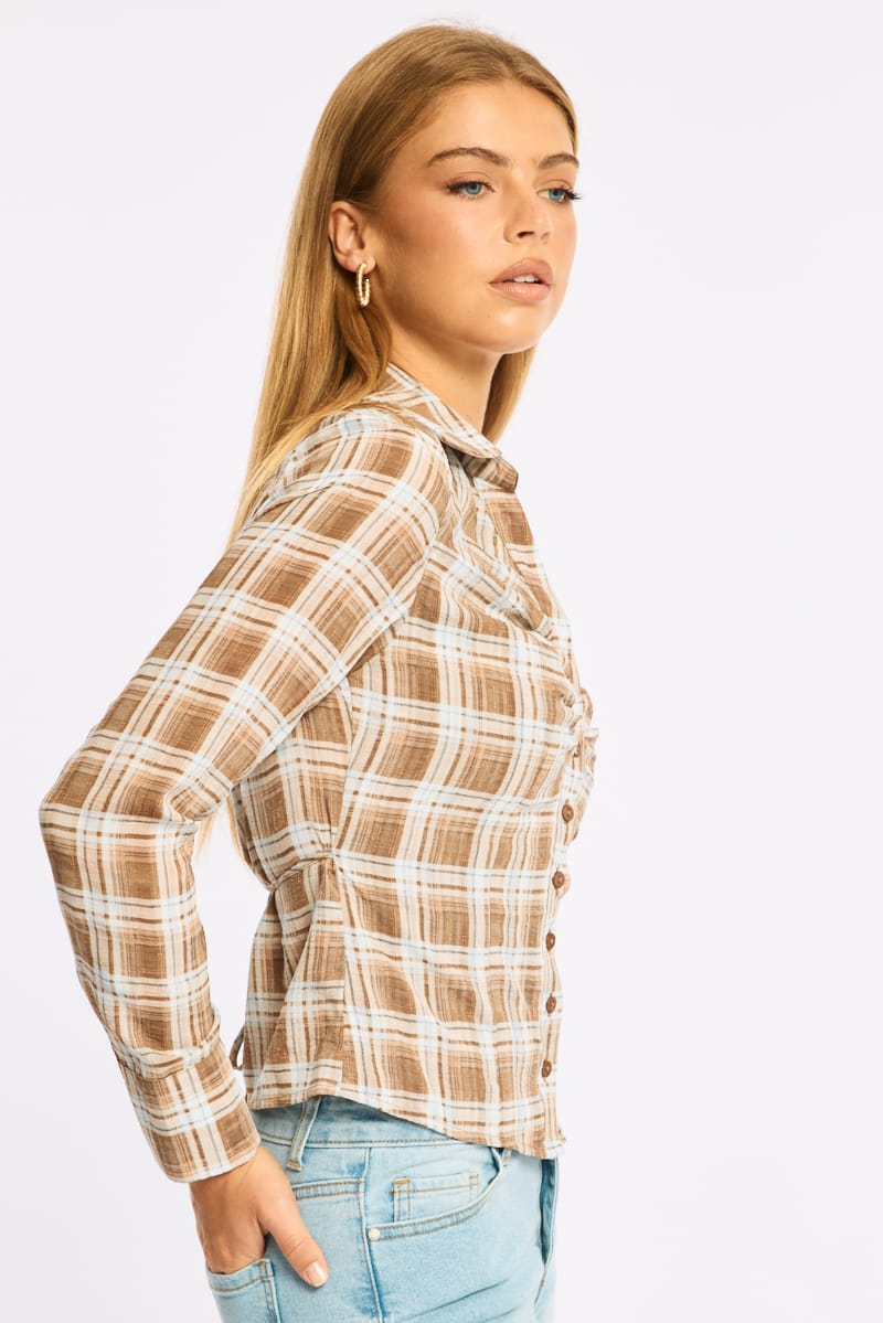 Brown Check Skinny Fit Long Sleeve Collared Shirt for Ally Fashion