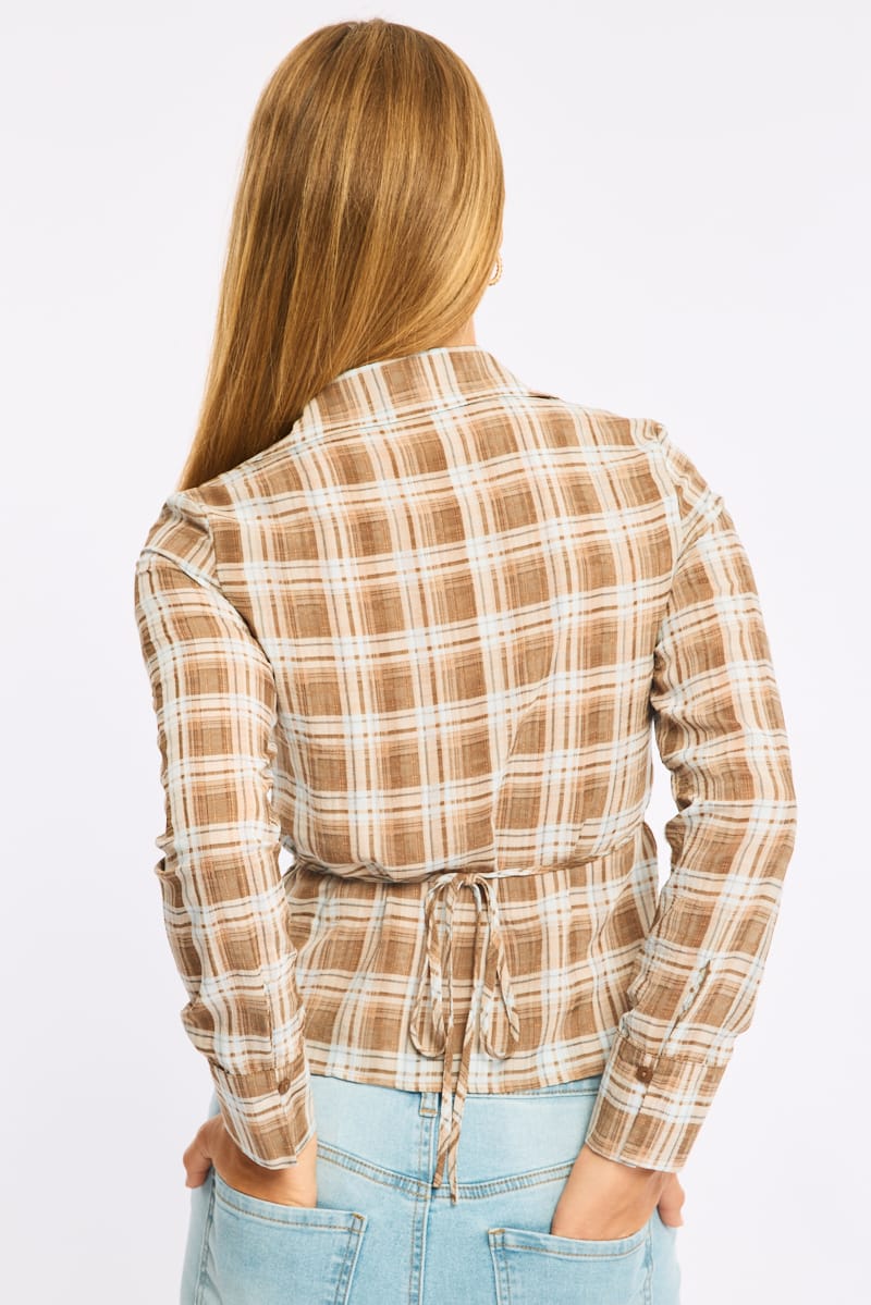 Brown Check Skinny Fit Long Sleeve Collared Shirt for Ally Fashion
