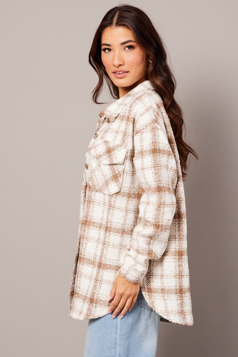 Beige Check Relaxed Shirt Long Sleeve Shacket for Ally Fashion