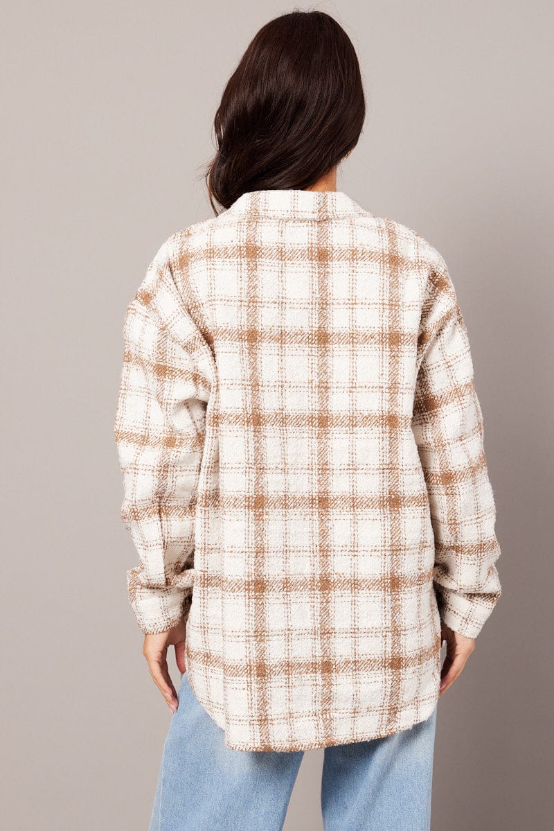 Beige Check Relaxed Shirt Long Sleeve Shacket for Ally Fashion