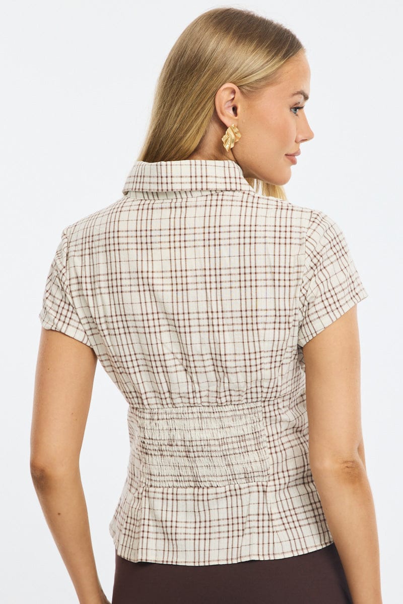 Brown Stripe Short Sleeve Shirt Collared Button Up Textured for Ally Fashion