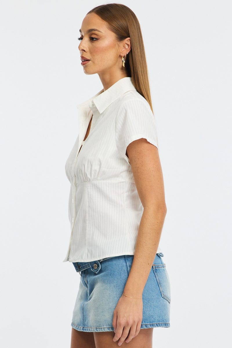 White Stripe Short Sleeve Shirt Collared Button Up Textured for Ally Fashion