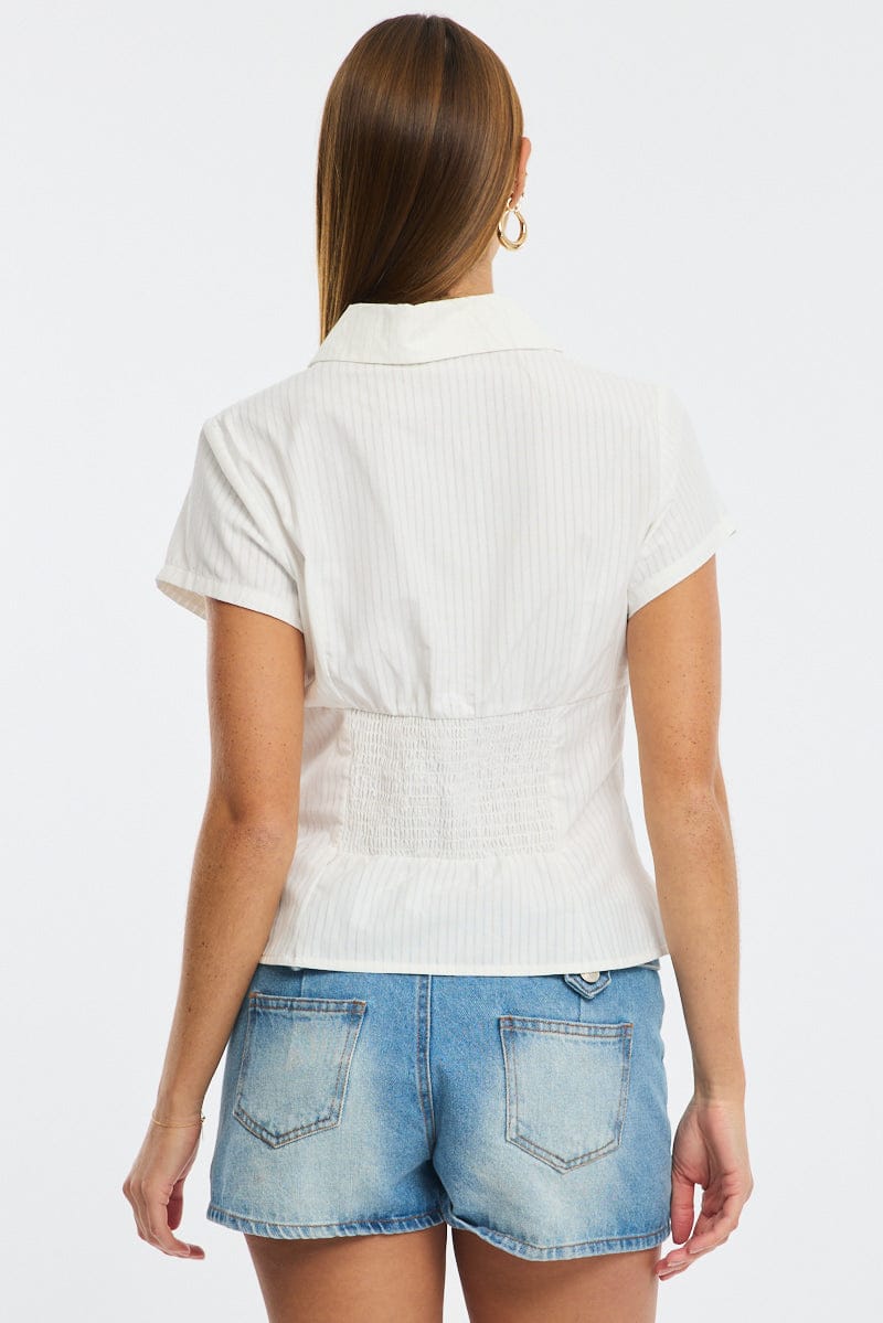 White Stripe Short Sleeve Shirt Collared Button Up Textured for Ally Fashion