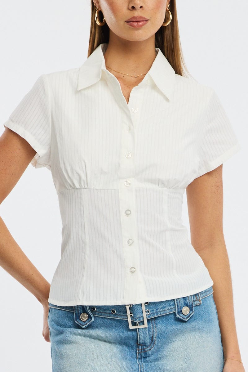 White Stripe Short Sleeve Shirt Collared Button Up Textured for Ally Fashion