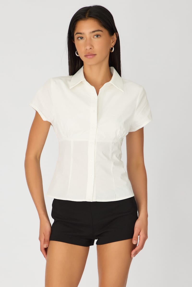 White Short Sleeve Shirt Collared Button Up Textured for Ally Fashion