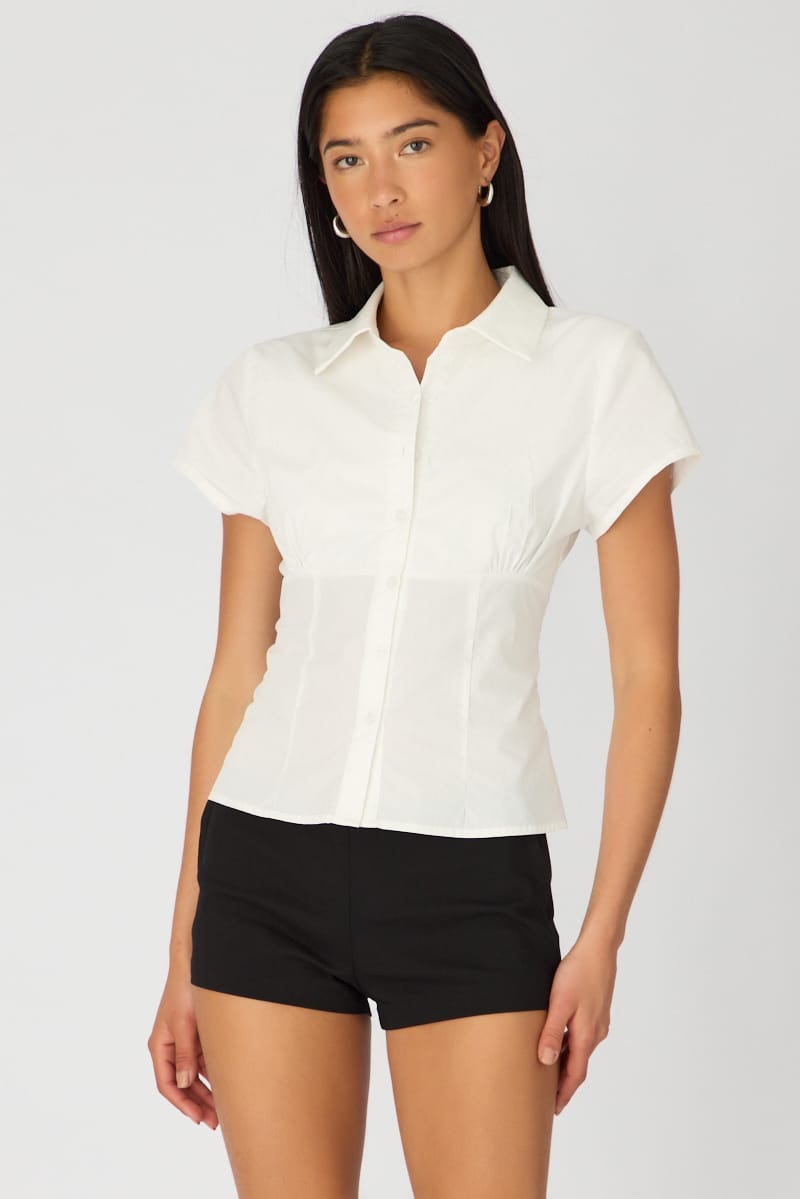 White Short Sleeve Shirt Collared Button Up Textured for Ally Fashion
