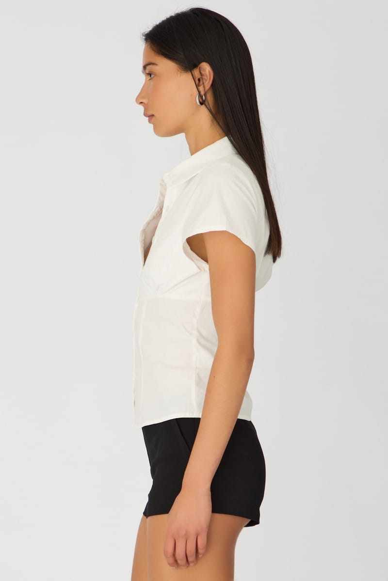 White Short Sleeve Shirt Collared Button Up Textured for Ally Fashion