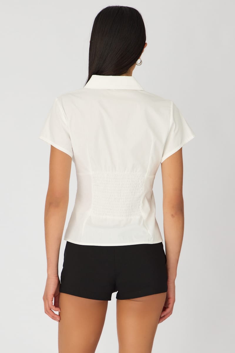 White Short Sleeve Shirt Collared Button Up Textured for Ally Fashion