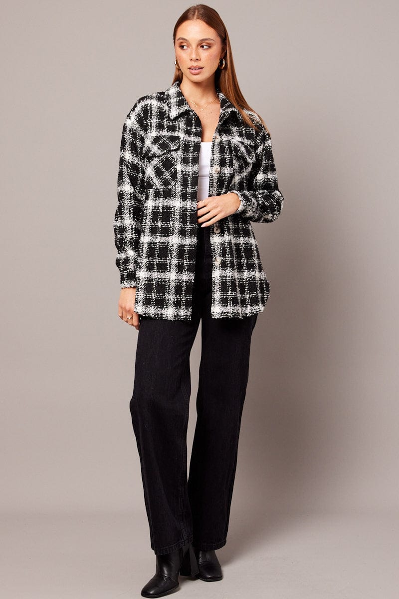 Black Check Relaxed Shirt Long Sleeve Shacket for Ally Fashion