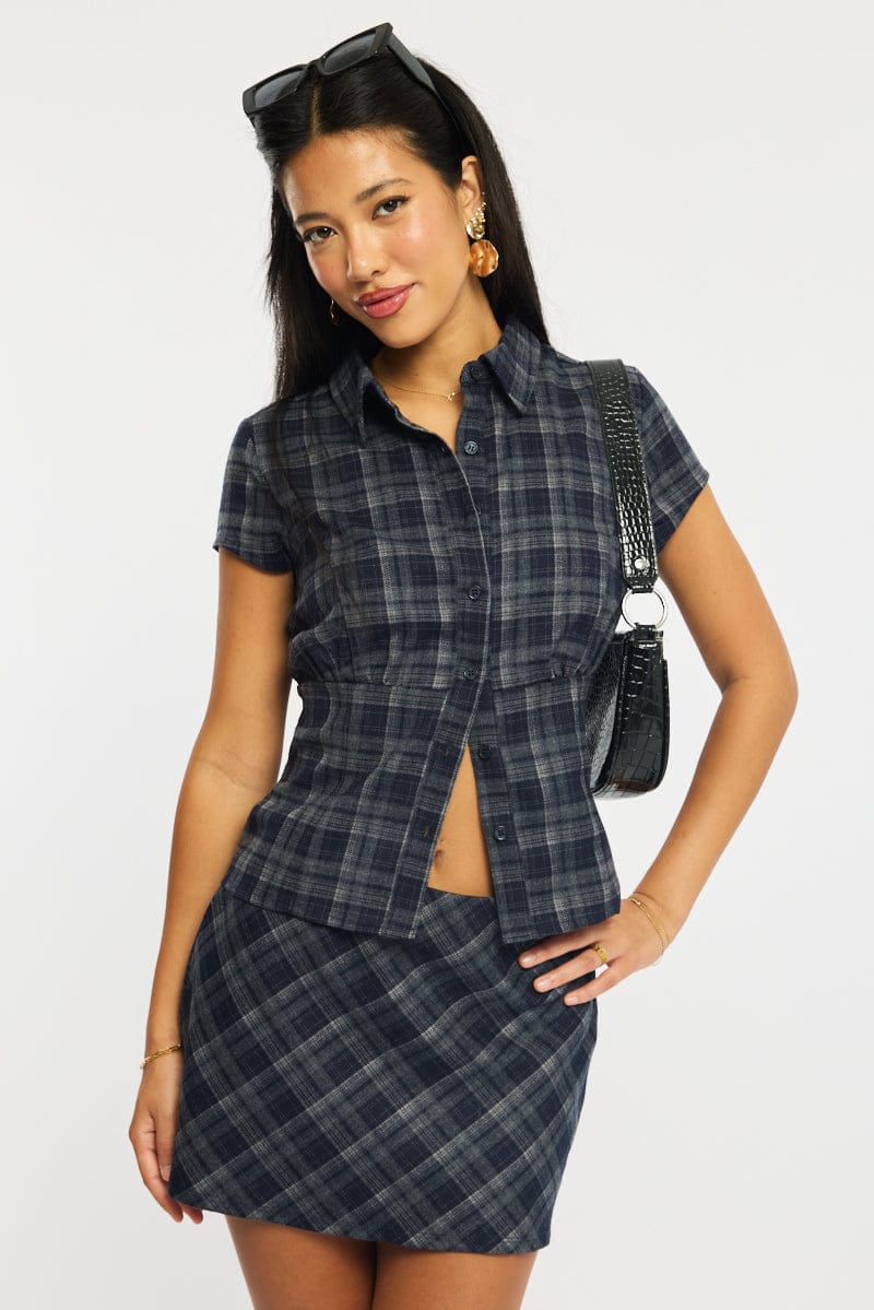 Check Fitted Top Blue Check Short Sleeve Fitted Check Shirt | Ally Fashion