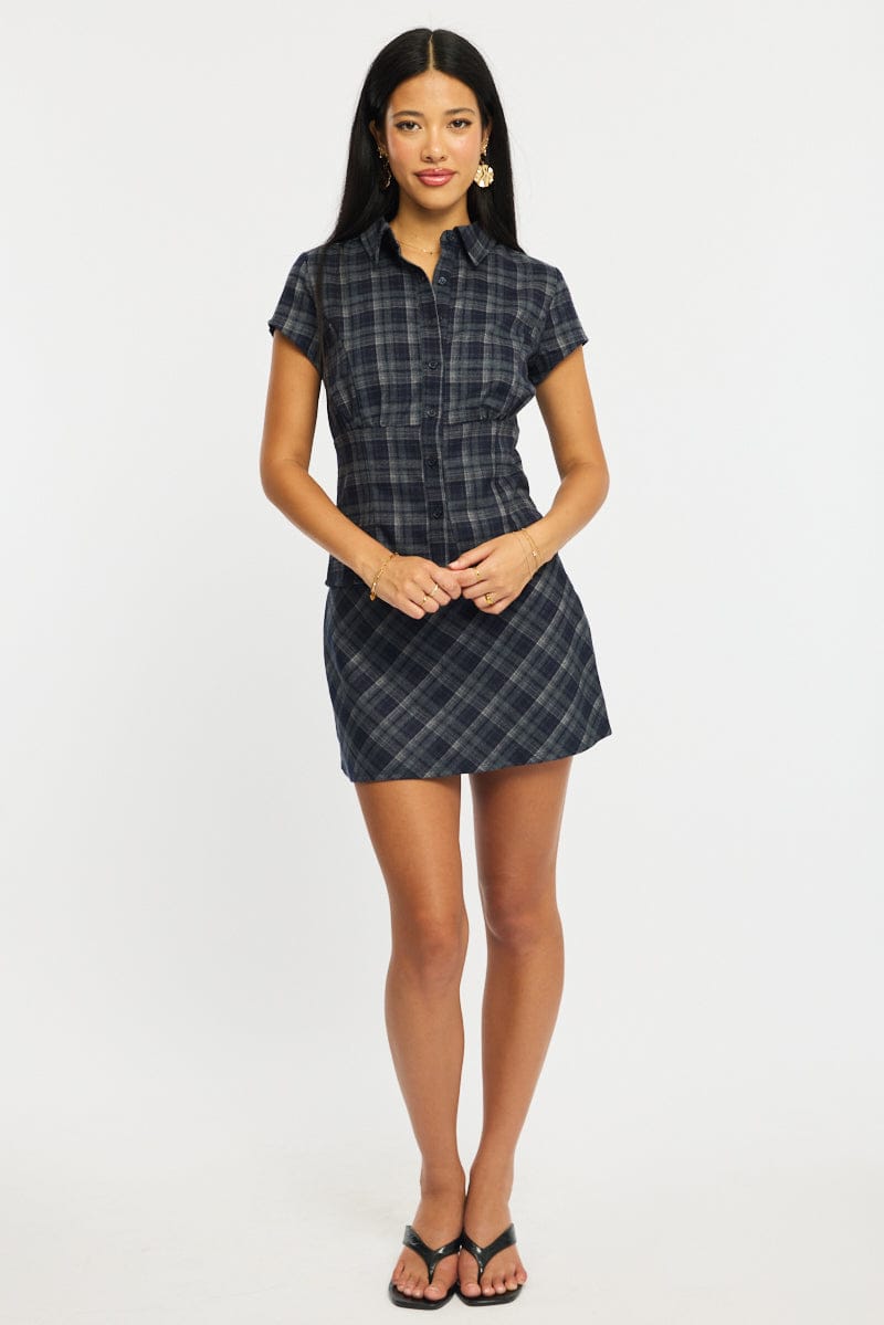 Blue Check Short Sleeve Fitted Check Shirt for Ally Fashion