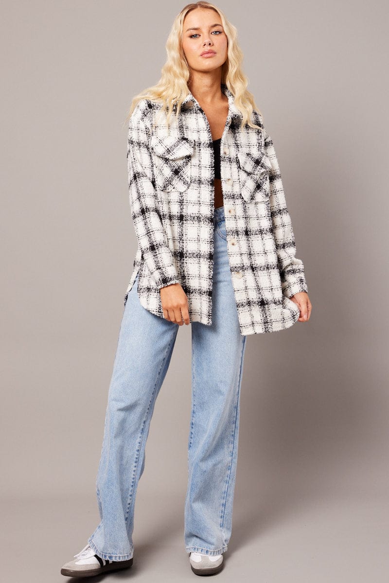 White Check Relaxed Shirt Long Sleeve Shacket for Ally Fashion