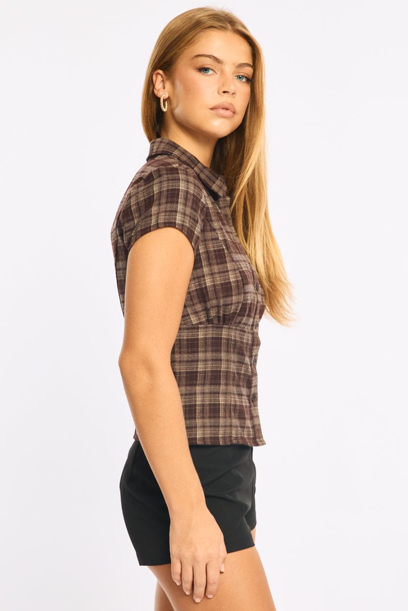 Brown Check Short Sleeve Fitted Check Shirt for Ally Fashion