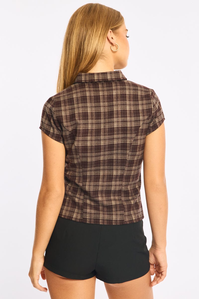 Brown Check Short Sleeve Fitted Check Shirt for Ally Fashion