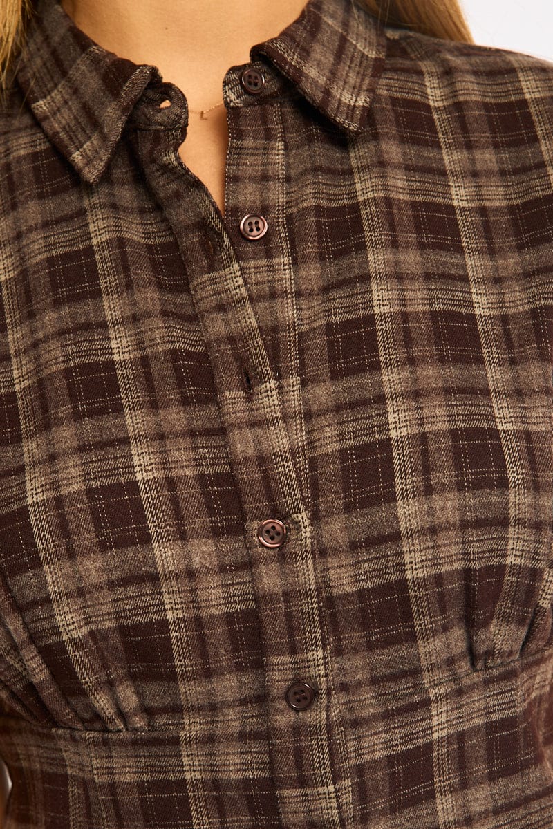 Brown Check Short Sleeve Fitted Check Shirt for Ally Fashion