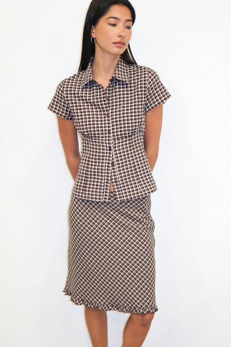 Brown Check Short Sleeve Shirt Collared Button Up Textured for Ally Fashion