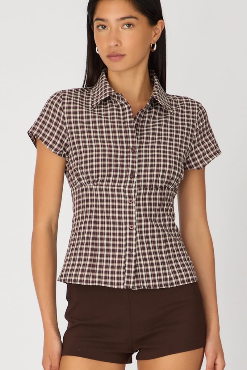 Brown Check Short Sleeve Shirt Collared Button Up Textured for Ally Fashion