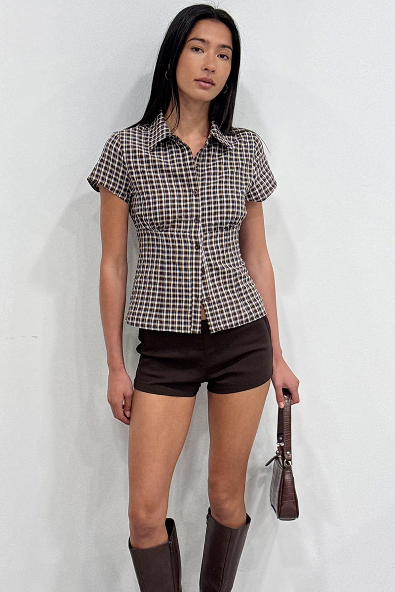 Brown Check Short Sleeve Shirt Collared Button Up Textured for Ally Fashion