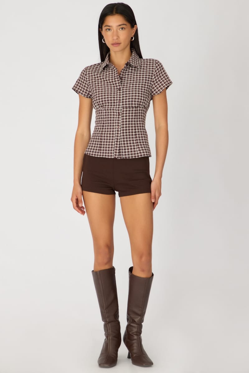 Brown Check Short Sleeve Shirt Collared Button Up Textured for Ally Fashion
