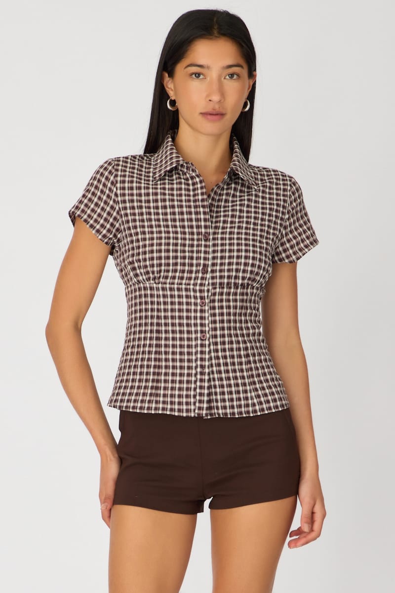 Brown Check Short Sleeve Shirt Collared Button Up Textured for Ally Fashion