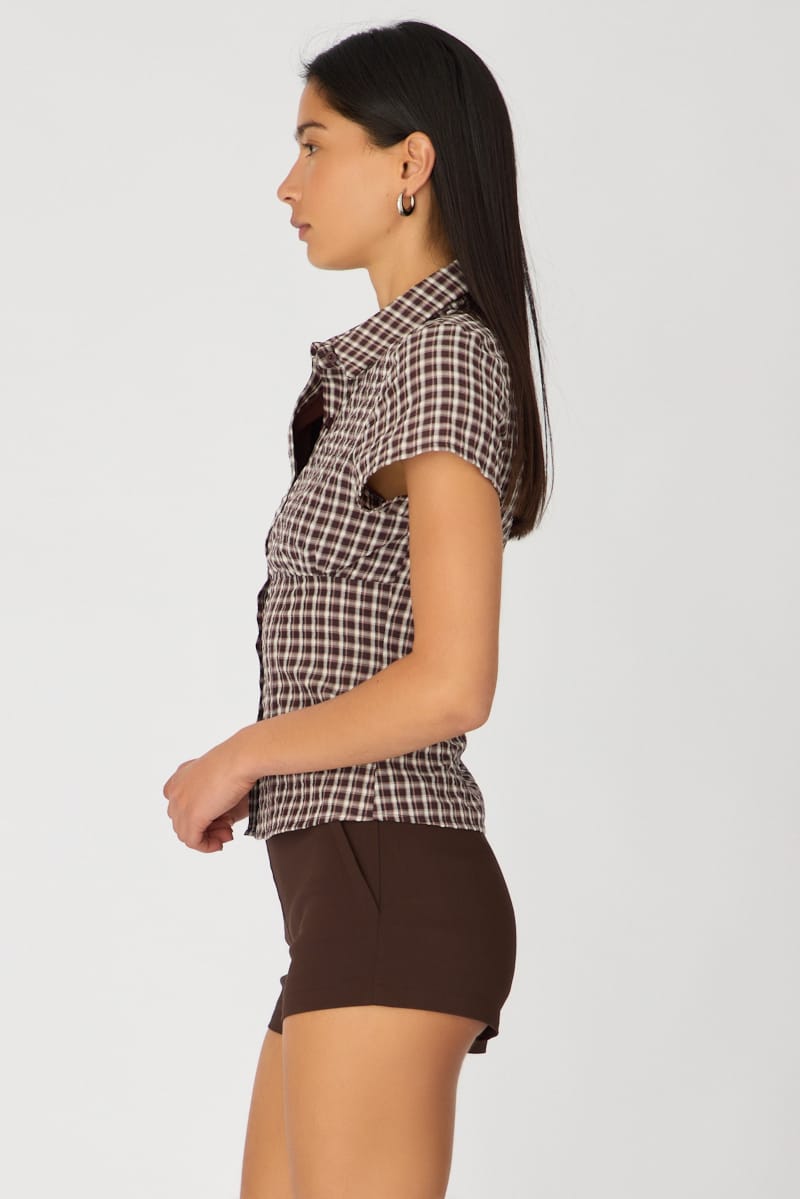 Brown Check Short Sleeve Shirt Collared Button Up Textured for Ally Fashion